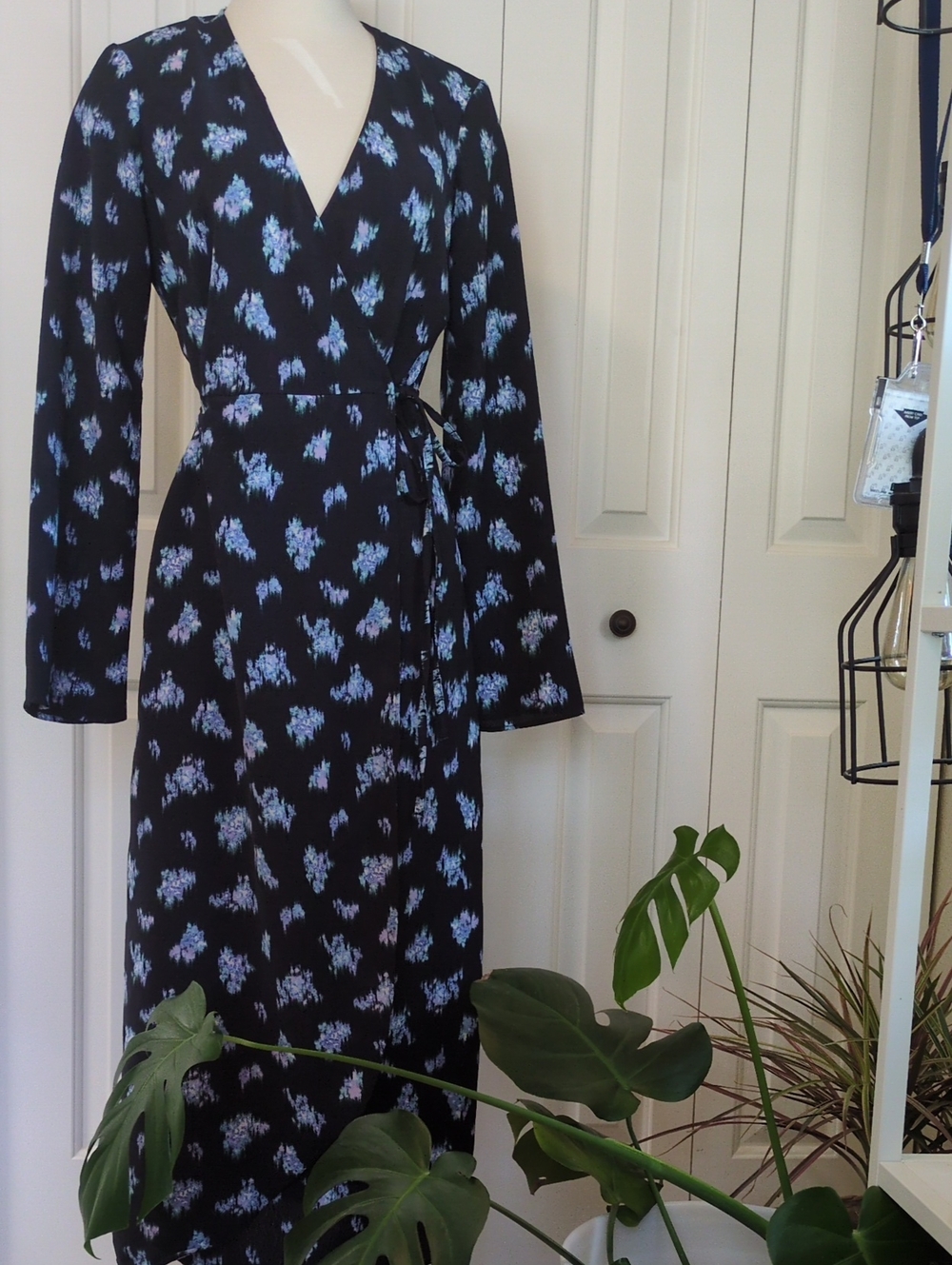 H&M Black Long-Sleeve Wrap Dress with Light Blue Floral Print